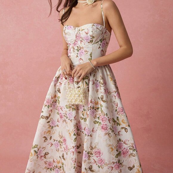 White Boho Romantic Women's Floral Long Print Spaghetti Strap A-Line Dress - Picture 5 of 7